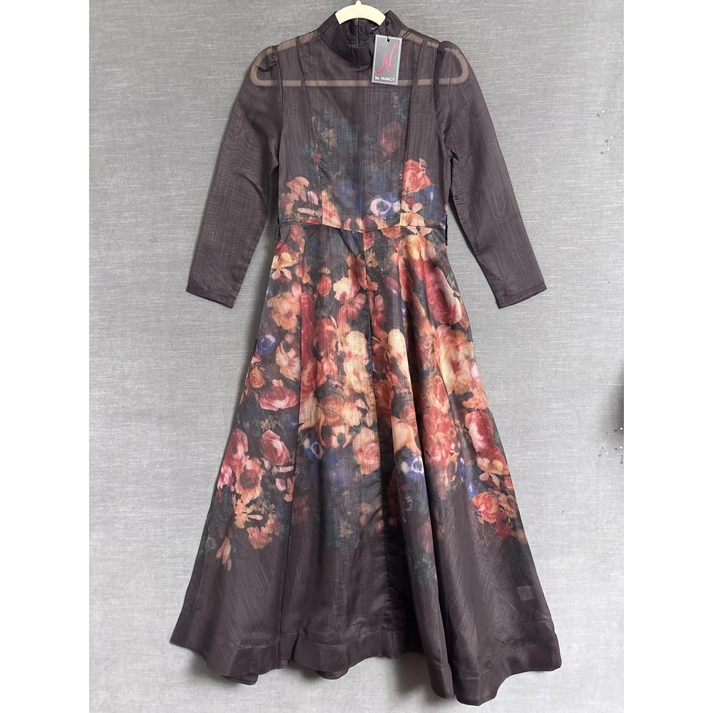 NEW N By NANCY Dress XS Brown Floral Chiffon Maxi‎ Formal Sheer Boho Flare Retro